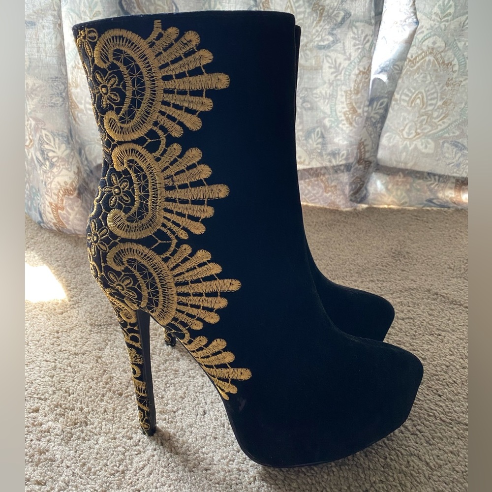 Heeled Black Faux-Suede with Gold Embroidery Booties